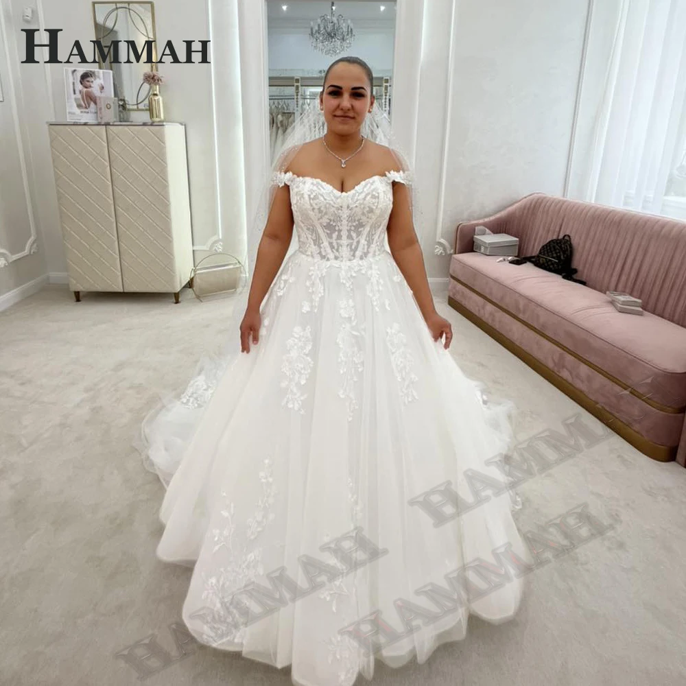 

HAMMAH Classic Pleats Ball Gown Wedding Dress For Brides V Neck Off The Shoulder Appliques Lacing Up Court Train Robe De Mariée