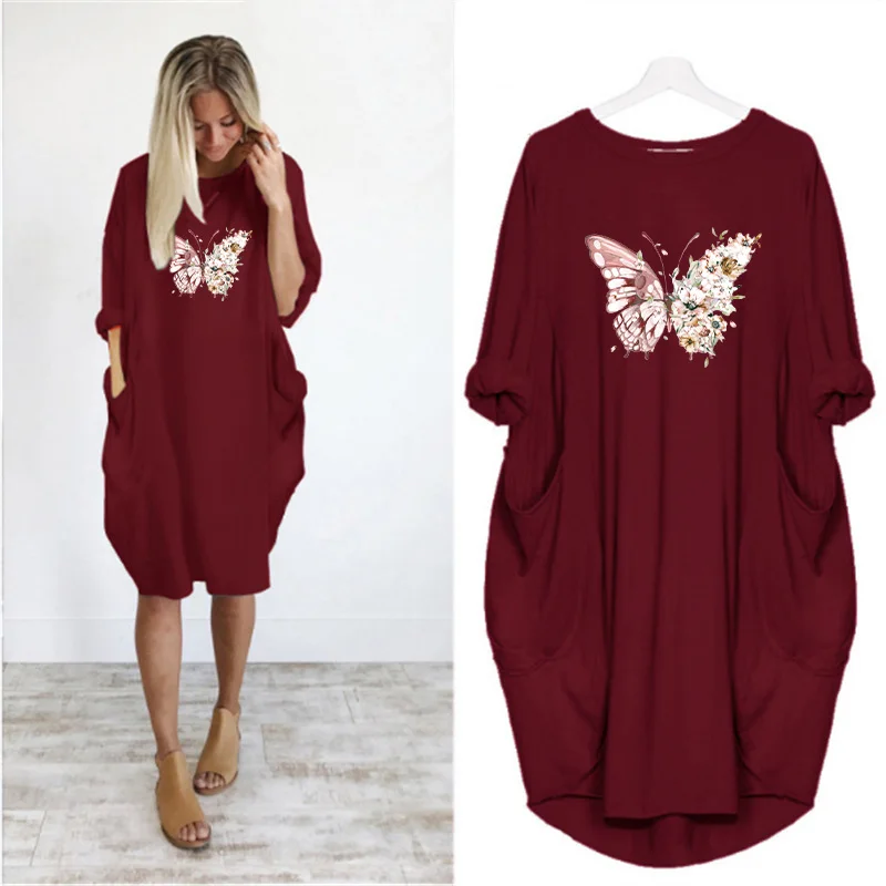 

Female Midi Dresses Beautiful Butterfly Floral Pattern Print Casual Loose Women's Dress Pocket Long Sleeve Autumn Solid Sundress