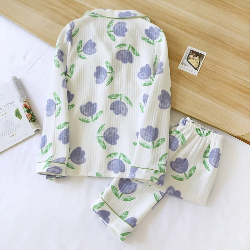 Thickened Women's Pajamas Long-sleeved Trousers Two-piece Lapel Flower Cotton Quilted Homewear Suit Pajamas