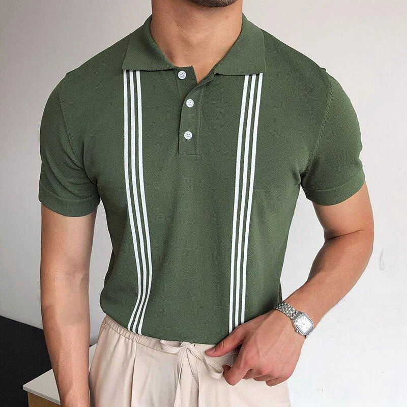 

2023 Summer New Stripe Short Sleeve Slim Polo Shirt Short Sleeve T-shirt Men's Fashion Business Lapel CollarChest Button Tshirt