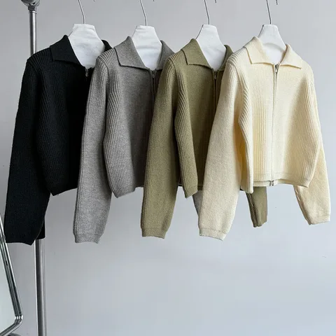 2024, женский вязаный свитер с отложным воротником, две молнии, короткие кардиганы с длинными рукавами, одежда, топы для женщин, свитер