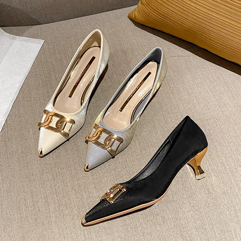 

LEDP French High Heel Shoes 2022 Summer Style Pointed Toe Shallow Mouth Medium Heel Fashion Casual Women's Shoes