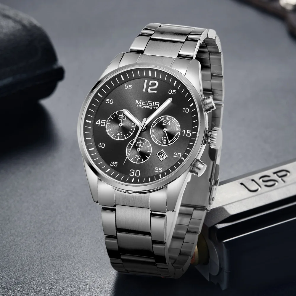 Часы наручные MEGIR мужские с хронографом брендовые деловые повседневные