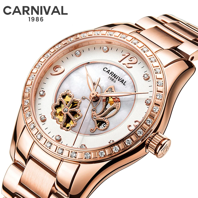 CARNIVAL Fashion Rose Gold Strap New Women Watches Women Automatic Mechanical Watch Luxury Diamond Case Luminous Waterproof Gift