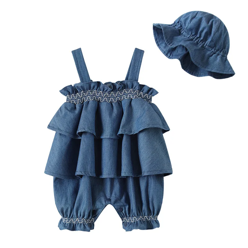 New Summer Baby Girl Romper Sling Sleeveless Dark Blue Square Collar Fake 2pcs Jumpsuit Newborn Clothing Infant Costume