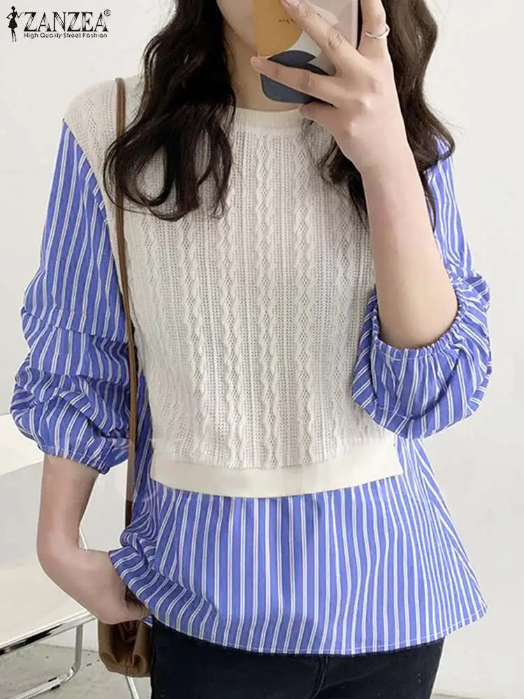 

Блузка ZANZEA с пышными рукавами и круглым вырезом, осенние женские богемные блузки в полоску, Элегантные повседневные свободные топы, модная ...