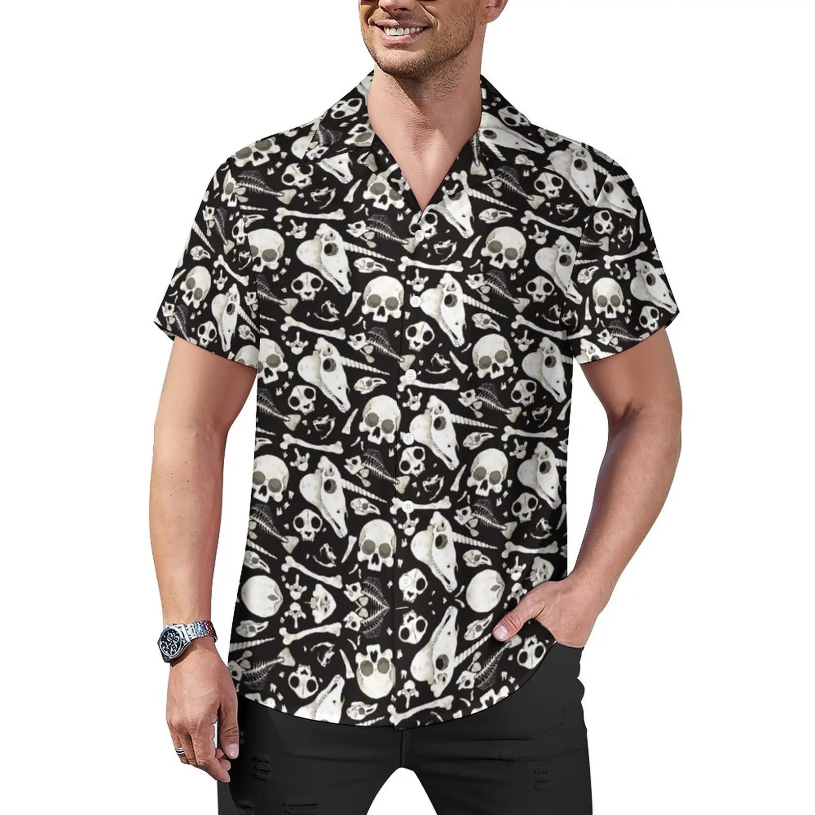 

Black Skulls And Bones Wunderkammer Blouses Man Creepy Casual Shirts Hawaii Short Sleeve Graphic Fashion Oversize Vacation Shirt