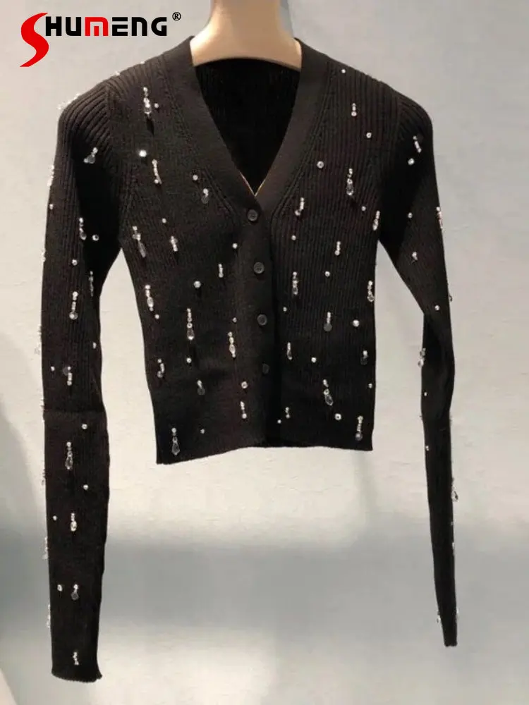 Beaded Diamond Long Sleeve Black Slimming Knitted Cardigan 2022 Early Autumn New V-neck All-Matching Short Sweater for Women