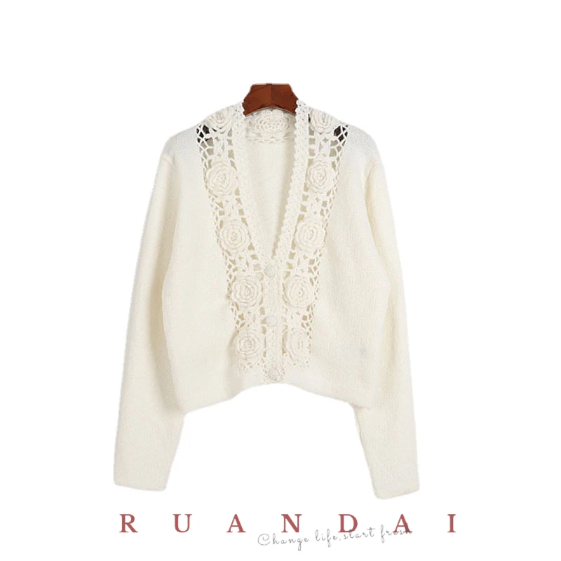 RUANDAI Mohair Long-sleeved Knitted Cardigan 2022 Fall New Women French V-neck Hand Crocheted Hollow Loose Sweater Free Shipping