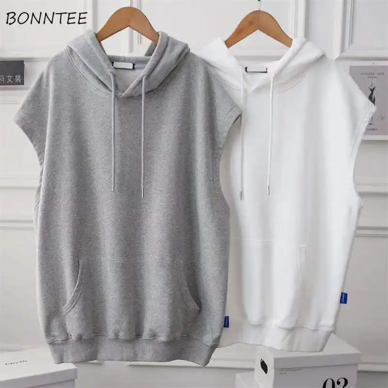 

With Hat Hoodies Sleeveless Solid Sporty Fashion All-match College Streetwear Spring Breathable Basic Simple New Hot Sale Daily