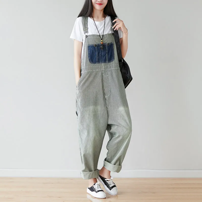 2022 New Striped Jumpsuits Korean Safari Style Pocket Patch Saggy Crotch Oversize Denim Bib Overalls Female Casual Jeans