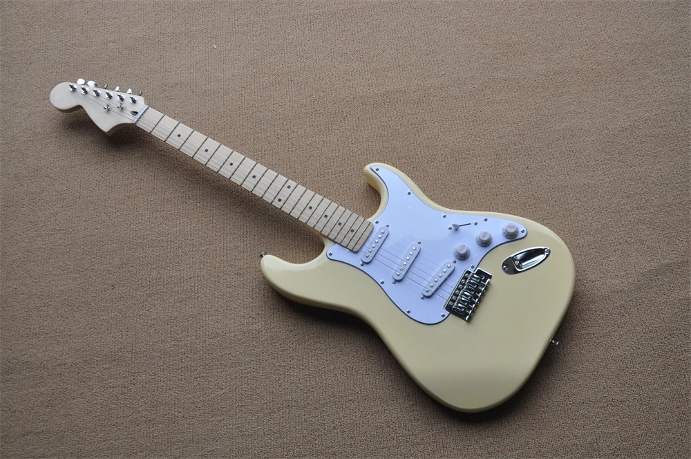 

Chinese guitar factory custom ST cream color electric guitar reversed big headstock guitar Real photos in stock 331
