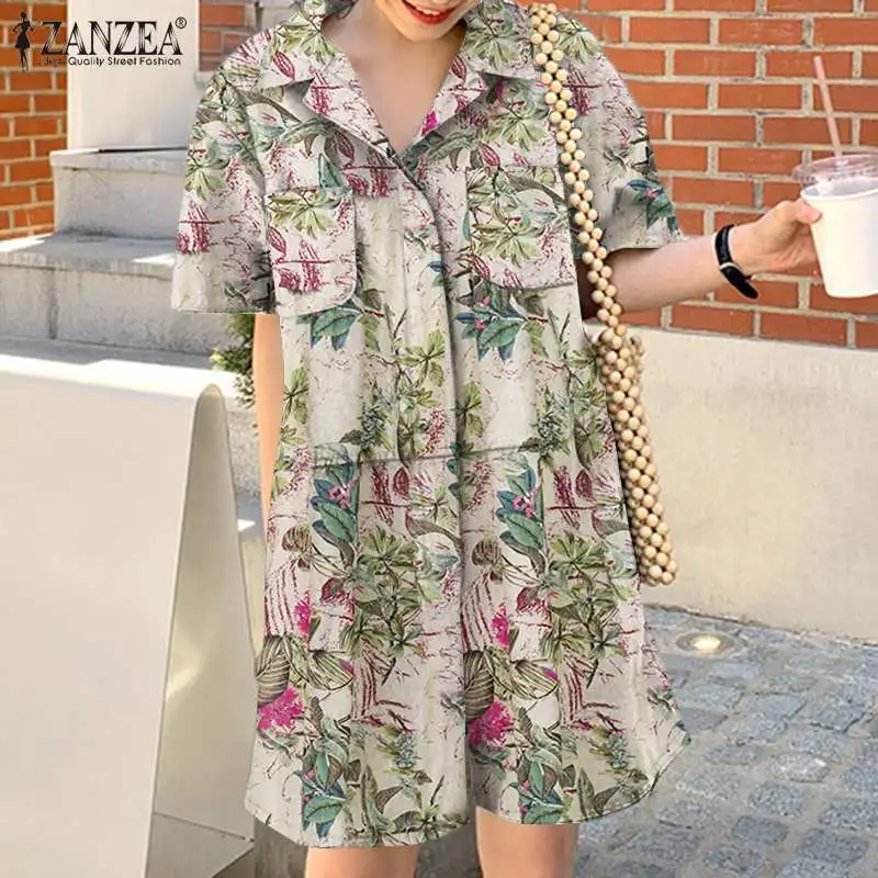 

ZANZEA Women Summer Half Sleeve Jumpsuit Cotton Lapel Printing Button Side Pocket Femme Elegant Loose Holiday Beach Baggy Romper