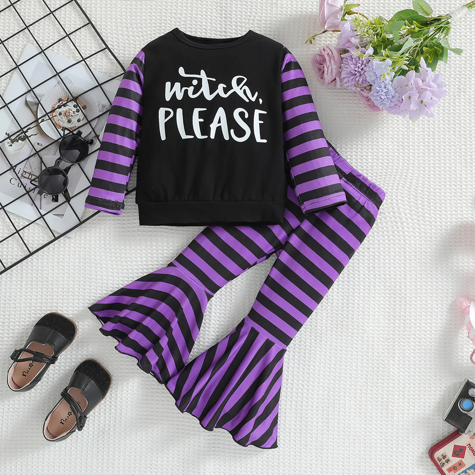 

2 Piece Kid Outfits Long Sleeve Top Flared Pants Set Adorable Halloween Pullover Elastic Waist Trouser Suit Trendy Striped Suits