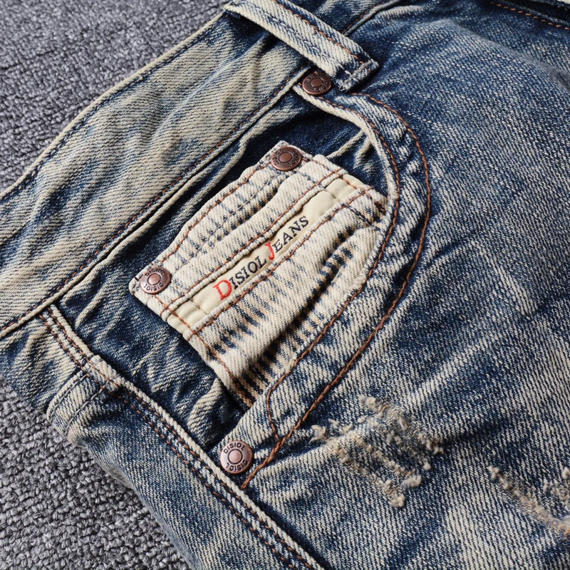Fashion Designer Men Jeans Retro Washed Blue Slim Fit Ripped Jeans Men Embroidery Patched Trousers Vintage Denim Pants Hombre