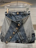 2022 summer new solid color irregular short skirt womens fashion metal buckle double layer fake two piece denim skirt female