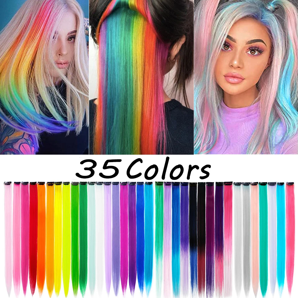 Ed Clip In One Piece Hair Extensions 22inch Rainbow Color Blue Pink Synthetic Girls Fake False Clip On Hair Pieces