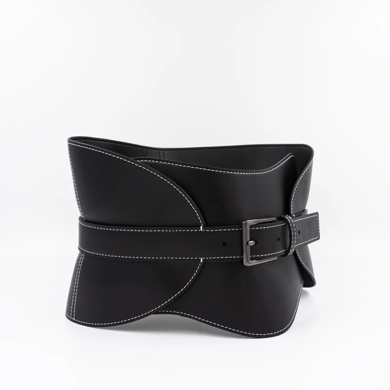 Top-stitched waist seal leather women's wide waistband black pin buckle fashion soft leather dress decorative belt