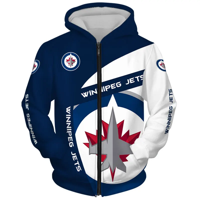 

Winnipeg men's fashion Long sleeve 3D Jets Zip Hoodies Blue white stitching curve spot bomber printing Sweatshirt