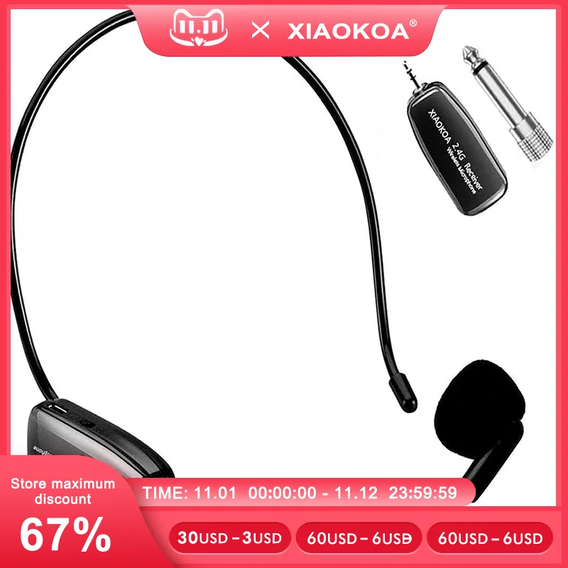 

XIAOKOA 2.4G Head-mounted Wireless Microphone Transmitter With Receiver For Voice Amplifier Speaker Teaching Tour Guide