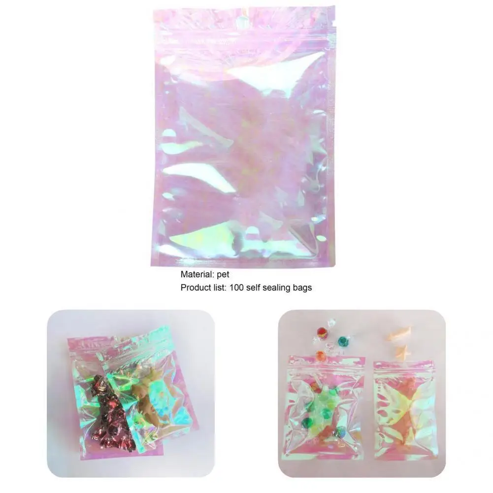 

100Pcs Resealable Bags Durable Various Sizes Dust-proof Rainbow Color Seal Bags for Home Holographic Bags Seal Bags