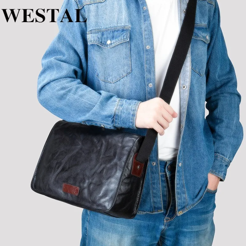 WETSAL Men's Crossbody Bags Genuine Leather Messenger Bag Black Shoulder Bags for Men Casual Men's Designer Bags Male Handbag