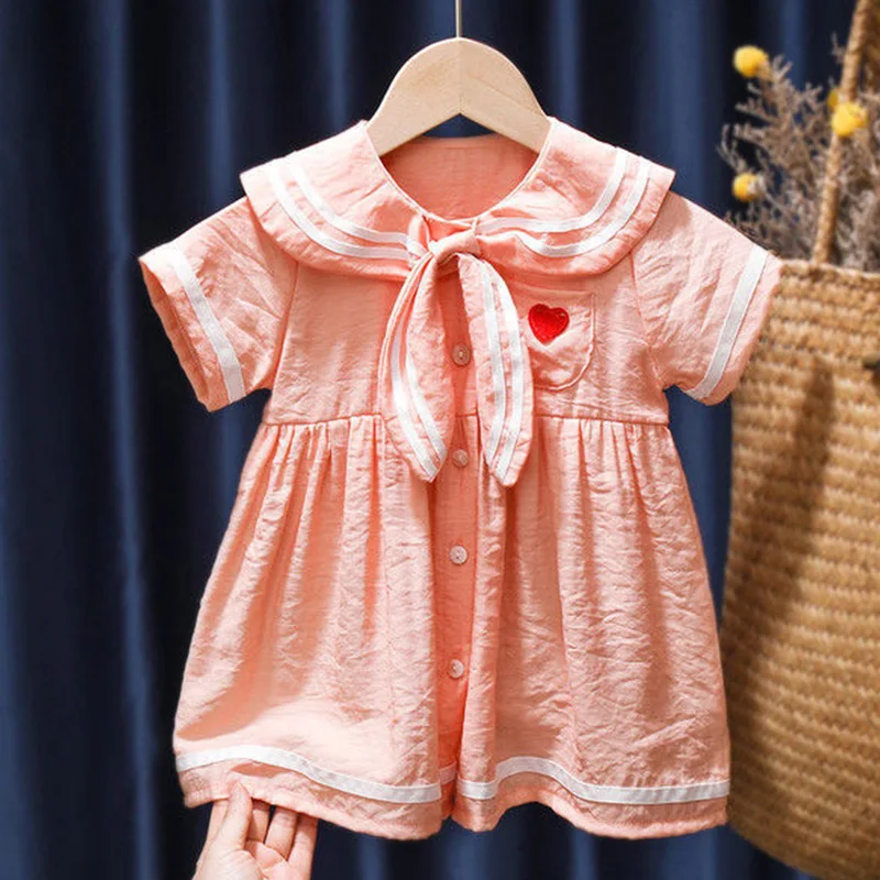 

Summer Casual Kids Clothes Girls Pink Orange Princess Dress Preppy Style Bow Patchwork Button Short Sleeve Lovable Dresses