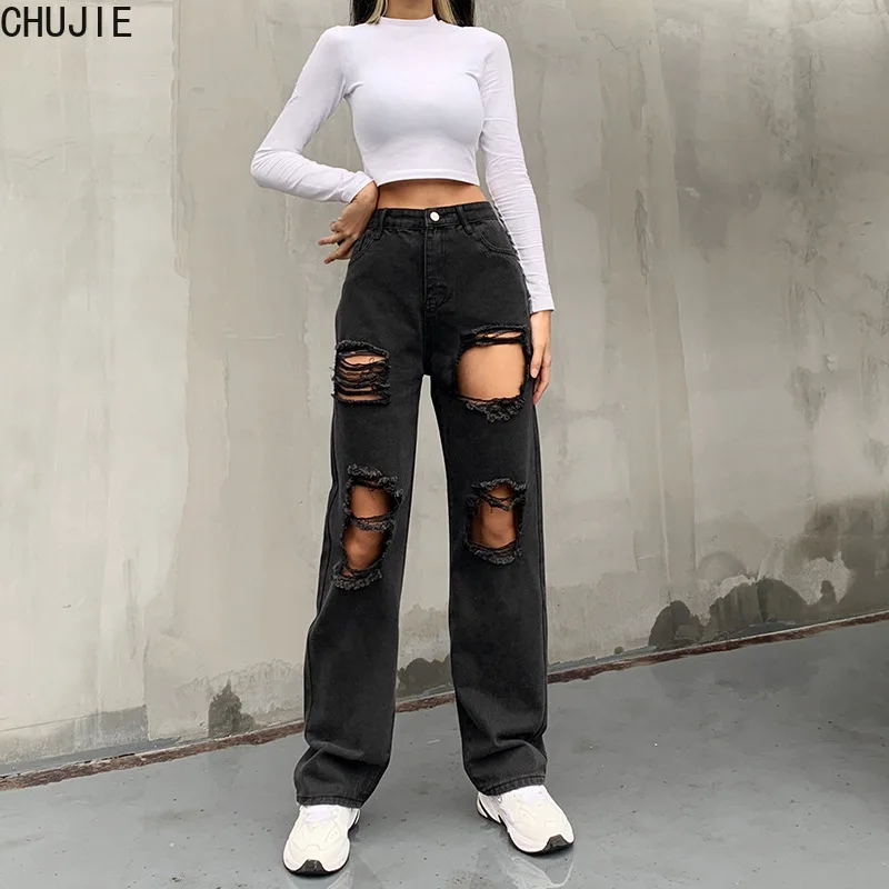 

2022 Hole Ripped Black Woman Distressed Jeans Casual Hip Hop High Waist Pants Capris Pocket Straight Denim Trousers Ladies