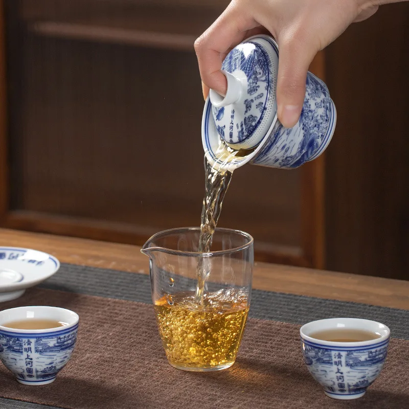 Фото Чашка для чая Gaiwan Qingming Shanghe, карта, вращающаяся вода, защита от ожогов, чаша из трех предметов, бытовой фарфоровый набор для кунг-фу №4