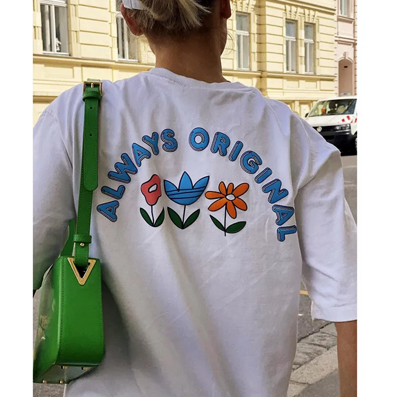

Always Original Flower Printing on The Back Women Summer Casual White T shirts Short Sleeve Loose Cotton Crewneck Tops Tees