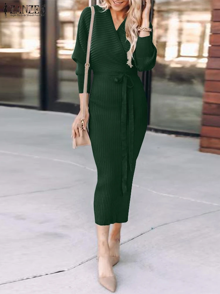 

Spring Long Sleeve Dress 2022 ZANZEA Women V-Neck Solid Color Bohemian Vestidos Holiday Loose Casual Elegant Lace Up Kaftan Robe