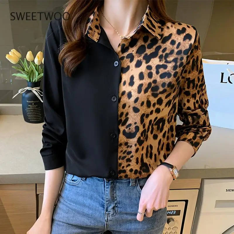 

Женская шифоновая блузка с леопардовым принтом, длинным рукавом и пуговицами