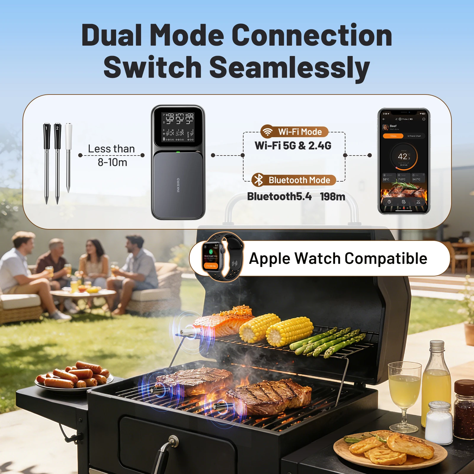 Беспроводной термометр для мяса INKBIRD WiFi+BT 5.4 с 3 датчиками, калибровка AI, NIST ±0.3 ℃ Дальность действия 650 футов, 120 минут автономной работы, IP67 для барбекю (art.: 3920dca17526c) - 3920dca17526c