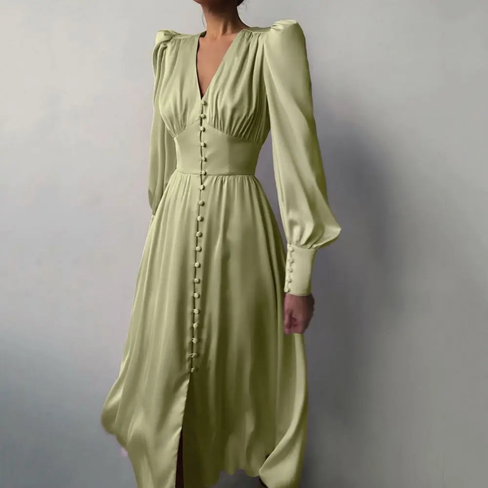 

Y2K 2023 Модное Элегантное однобортное атласное платье для женщин сексуальный сарафан с V-образным вырезом рукав-фонарик Высокая талия для веч...
