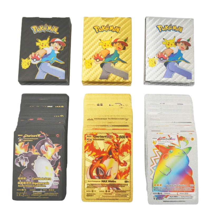 11-55 Pcs/Set Spanish Pokemon Metal Cards Box Golden Letter Pikachu Charizard VMAX GX TCG Game Collection Rare Shiny Toys |