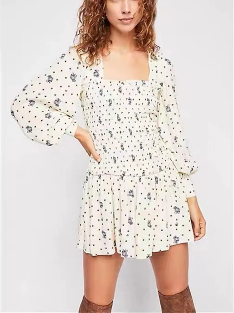 

Женское Плиссированное мини-платье, короткое платье с квадратным вырезом, рукавами-фонариками и принтом в стиле ретро, облегающее платье с ...