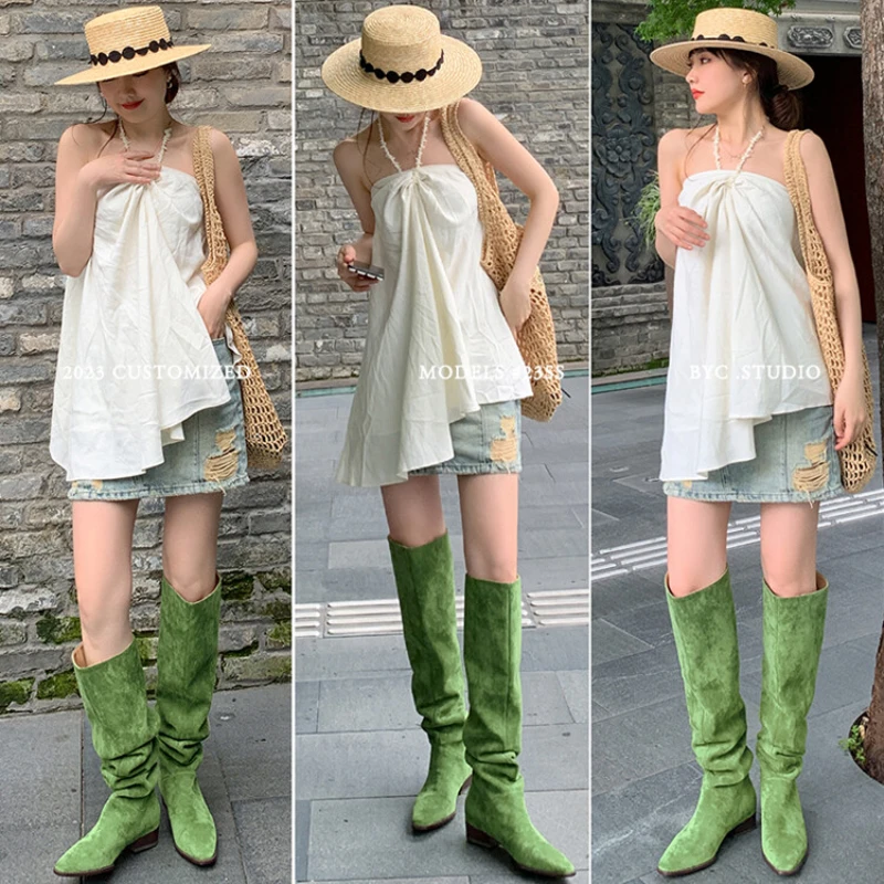 

Woman‘s Green Long Boots Autumn and Winter 2023 New Thin High Heels Pointed Toe Slip on Thigh Boots Women Shoes Big Size 42 43