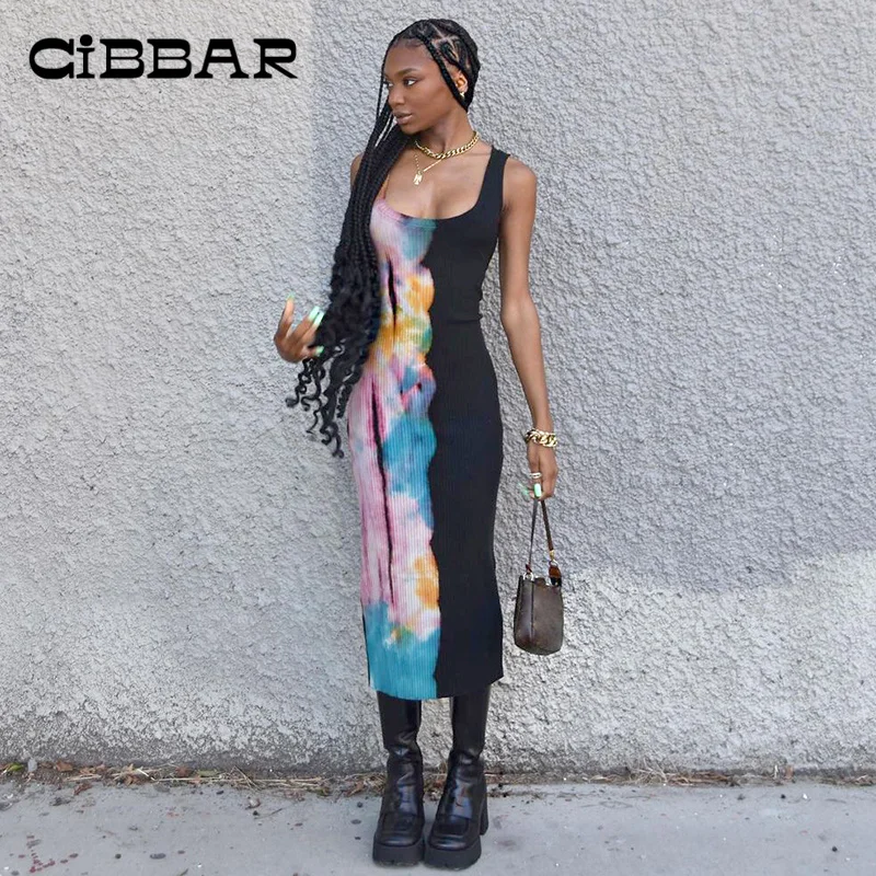 

CIBBAR Tie Dye Maxi Dress For Women Harajuku Aesthetic Slim Square Collar Sleeveless Clothes Streetwear Casual Dresses Summer