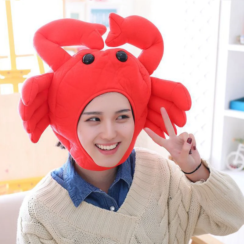 Funny Red Crab Hat Women Plush Toy Beanies Men Cap Earmuffs Cap Party Cosplay Headwear Birthday Headcover Photo Props Headgear