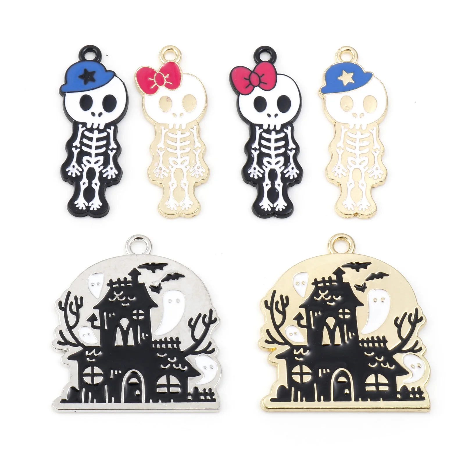 

Fashion Halloween Pendants Multicolor Skeleton Skull Haunted House Enamel Metal Charms DIY Making Necklace Earrings Jewelry,5PCs