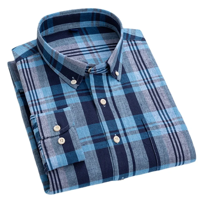 2023 New Men's Linen Cotton Plaid  Shirt Single Patch Pocket Standard-fit Long Sleeve  Casual Button-down  Shirts