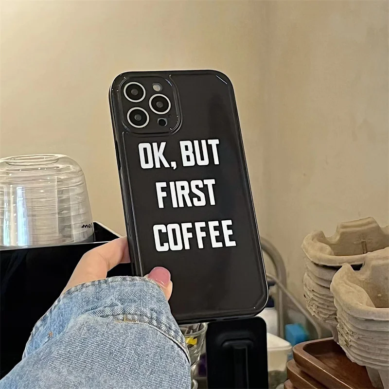 

Korea Cute 3D Black Coffee Phone Case For iPhone 14 Plus 13 12 11 Pro Max Simple Soft Back protect Cover for 14pro 13pro 12pro
