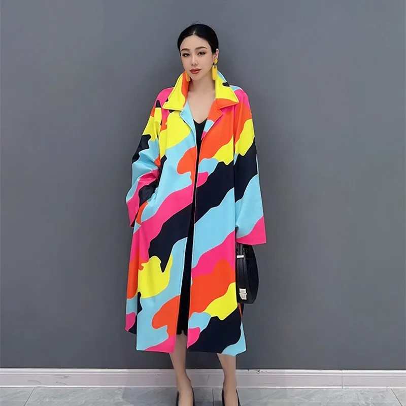 

2023 Autumn Long Trench Coat Women Colorblocked Casual Outfit Notched Collar Windbreaker Abrigo largo de mujer