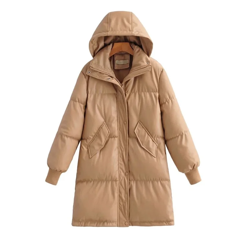 Ladies Thicken Fashion Hooded Leather Coat 2022 Winter New Fashion Hooded Warm Zipper Single Breasted PU Leather Mid-length Coat