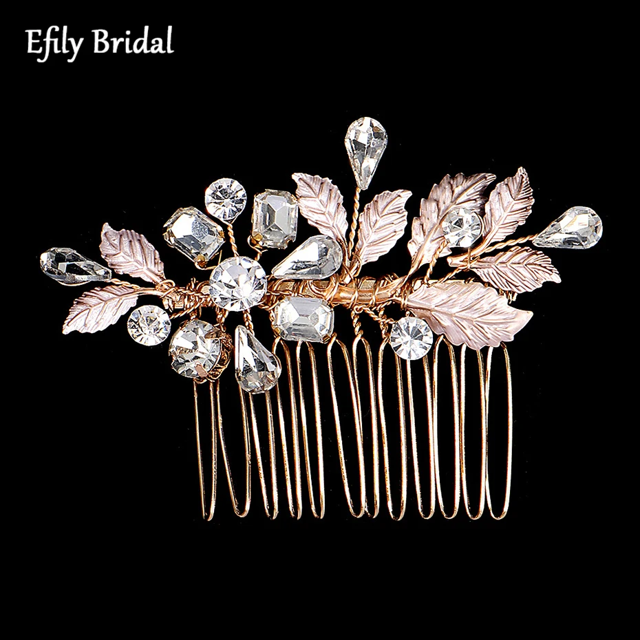 

Efily Gold Color Alloy Leaves Bridal Hair Comb Rhinestone Headpiece Wedding Hair Accessories for Women Tiara Bridesmaid Gift