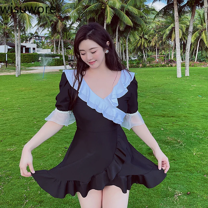 

Wisuwore Plus Size Swimsuit Women 2022 One Piece Swimwear Solid Ruffle Slit Skirt Outdoor Dress Mid-Sleeves Pearl Beach Dress