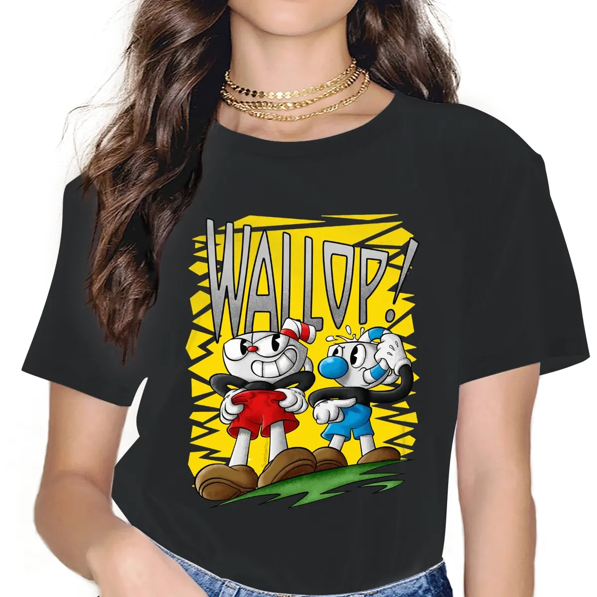 

Желтые классические женские рубашки Cuphead Mugman Game, свободная винтажная Женская одежда в стиле Харадзюку, повседневные женские блузы