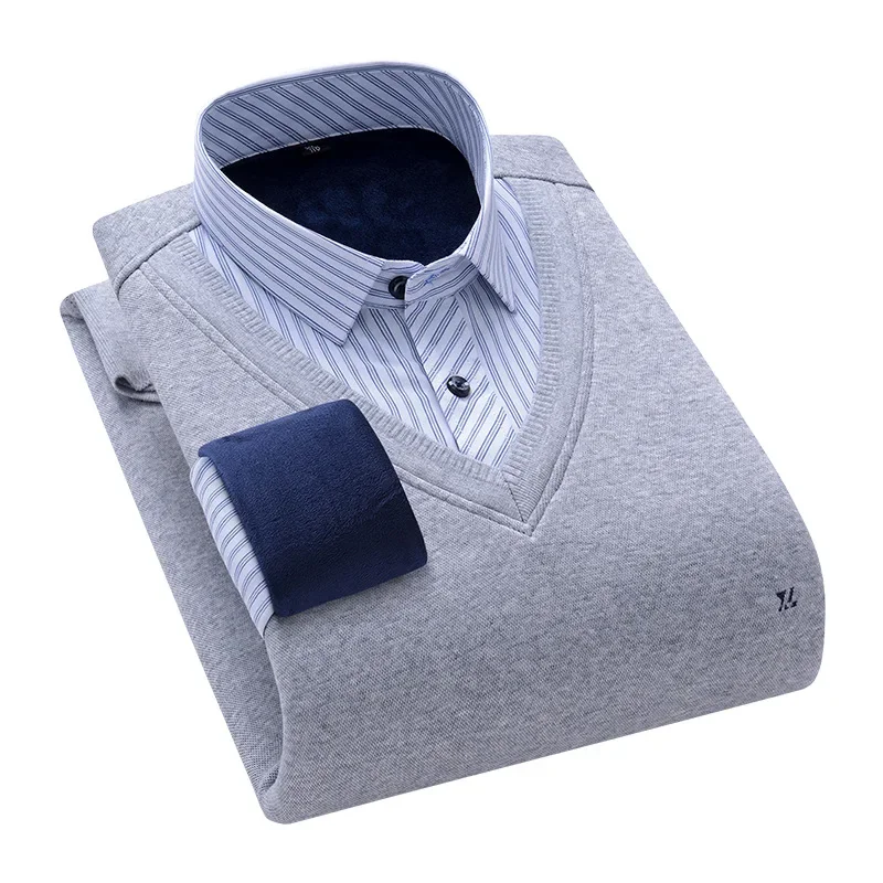 Men's Two-Piece Illusion Sweater Set Long Sleeve Pullover Shirt Collar Middle-Aged And Elderly Warm Fleece-Lined Thickened Knitt