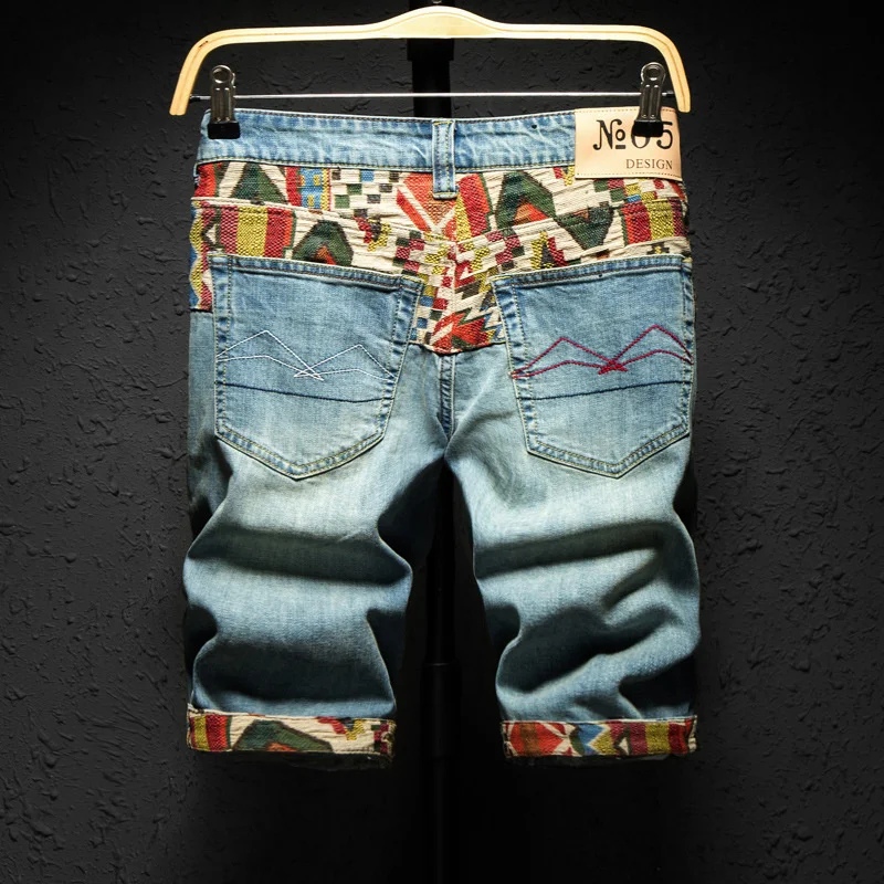 

Cinese Style Embroidery Denim Sorts Men Fasion ole Ripped Slim Retro Blue Wased Sort Jeans Male Street Knee-lent Pants