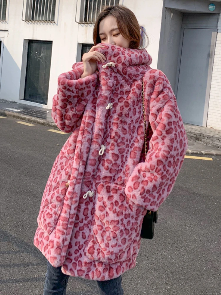Fashion Rose Pink Leopard Print Faux Fur Coats Women 2022 Winter Casual Street Faux Rabbit Furry Loose Horn Button Hoodies Coat